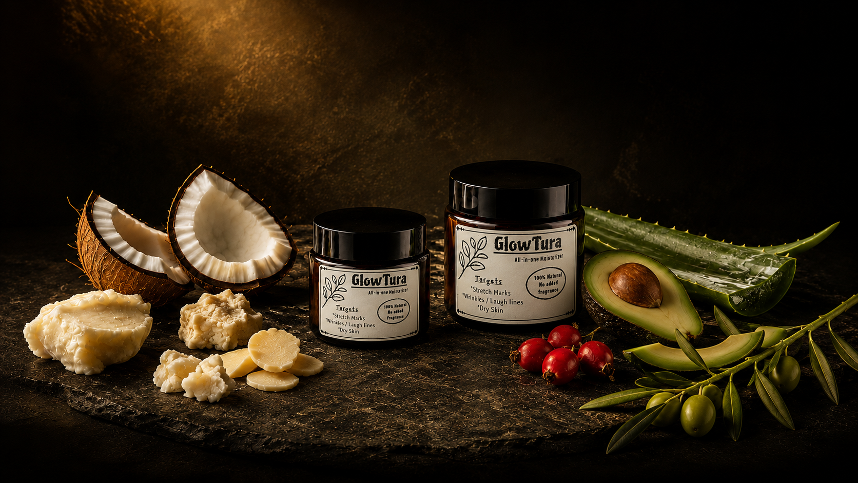 Labeled GlowTura amber jars surrounded by botanical ingredients